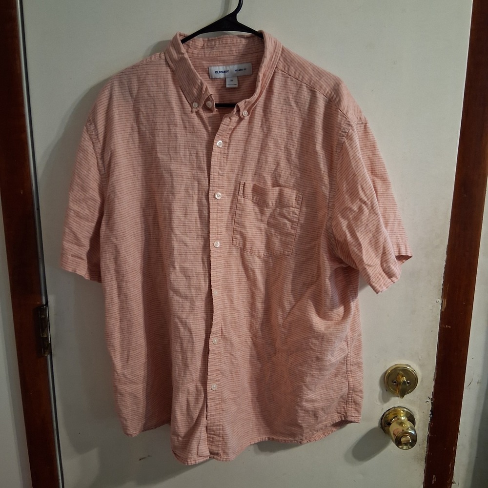 Mens Cotton Linen Blend Button Down‎ Old Navy 2X XXL EUC Salmon Stripe
